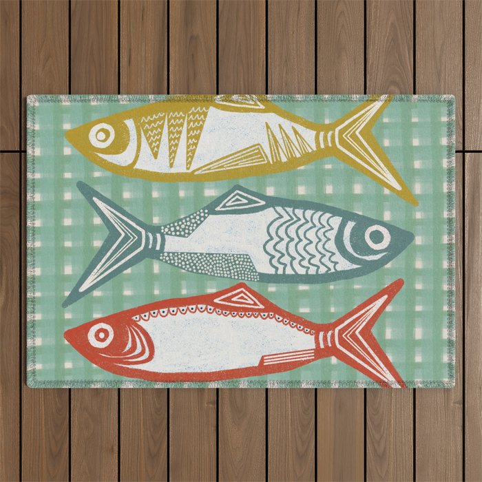 Sardines On Blue - Modern Art Print Outdoor Rug Gallery Image 1