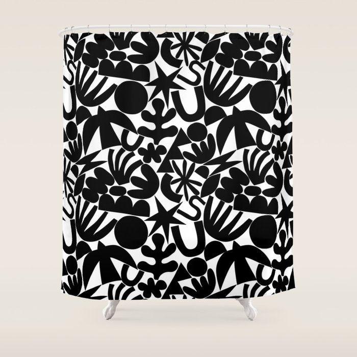 Black and white organic nature art shape pattern Shower Curtain Gallery Image 1