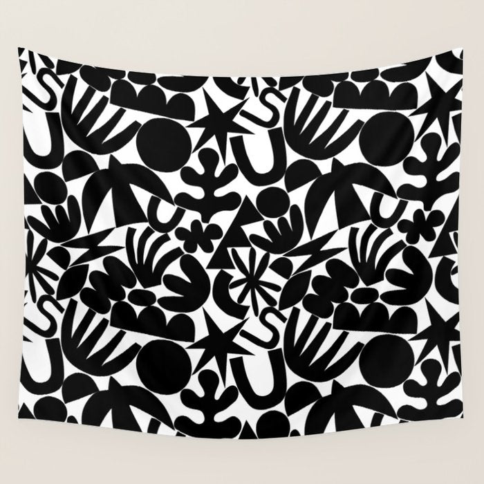 Black and white organic nature art shape pattern Wall Tapestry Gallery Image 4