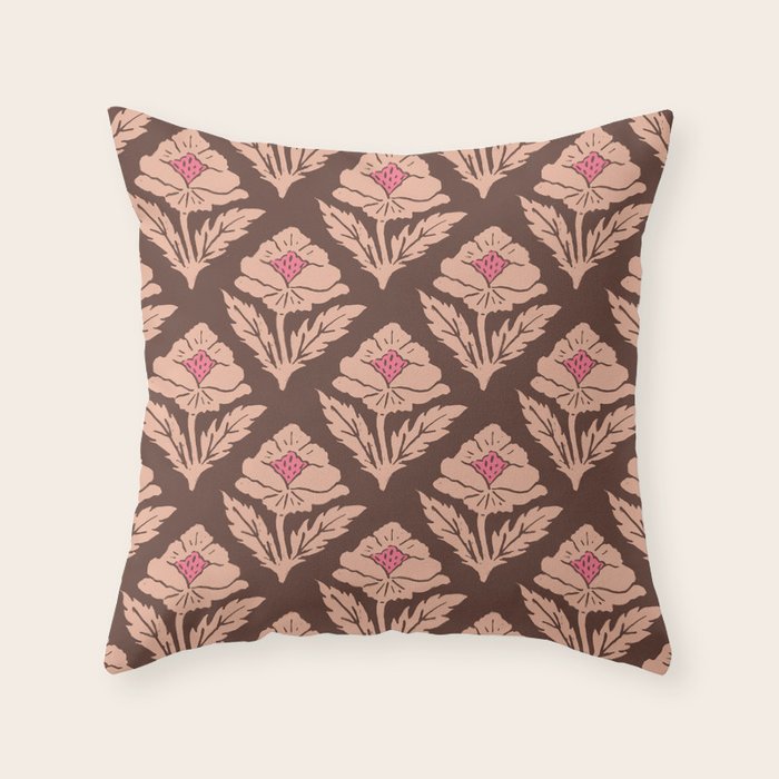 Heirloom Floral Block Print - Pink Brown Throw Pillow Gallery Image 6