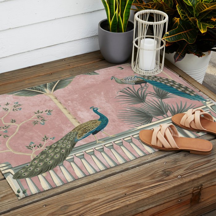 Chinoiserie Blush Pink Peacock Palm Fresco Garden  Outdoor Rug Gallery Image 2