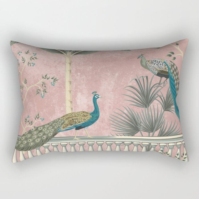 Chinoiserie Blush Pink Peacock Palm Fresco Garden  Rectangular Pillow Gallery Image 2