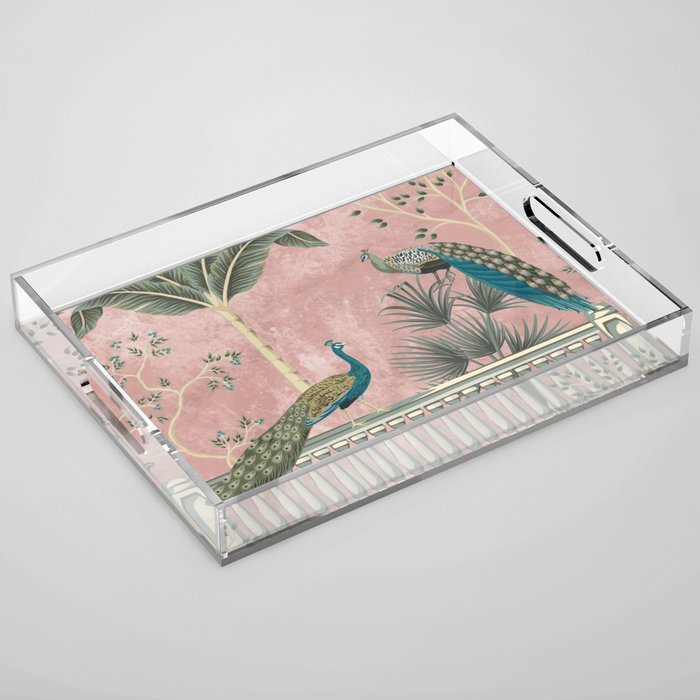 Chinoiserie Blush Pink Peacock Palm Fresco Garden  Acrylic Tray Gallery Image 1