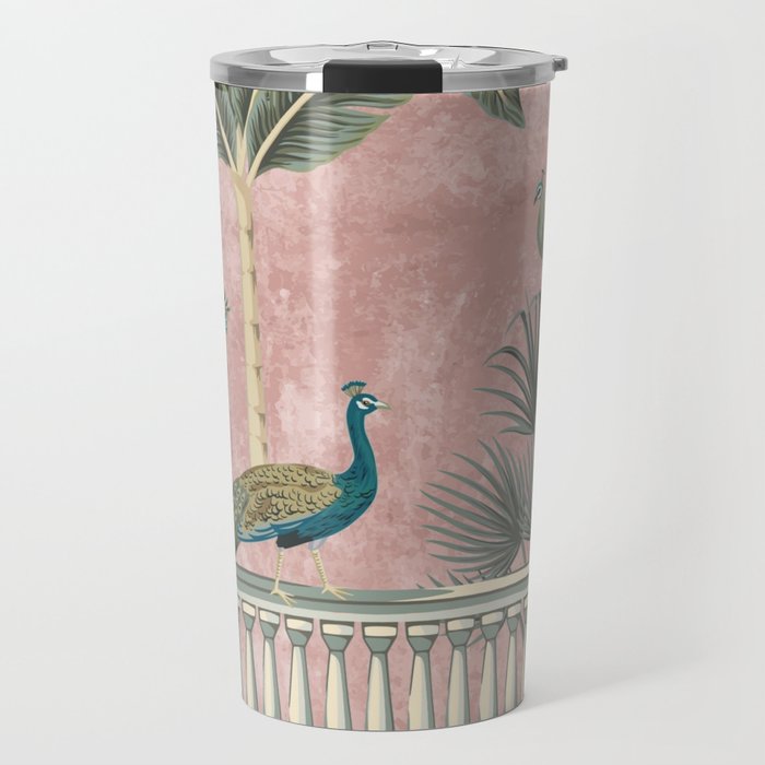Chinoiserie Blush Pink Peacock Palm Fresco Garden  Travel Mug Gallery Image 1