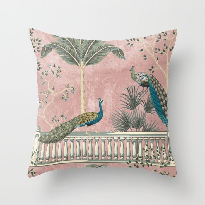 Chinoiserie Blush Pink Peacock Palm Fresco Garden  Throw Pillow Gallery Image 6