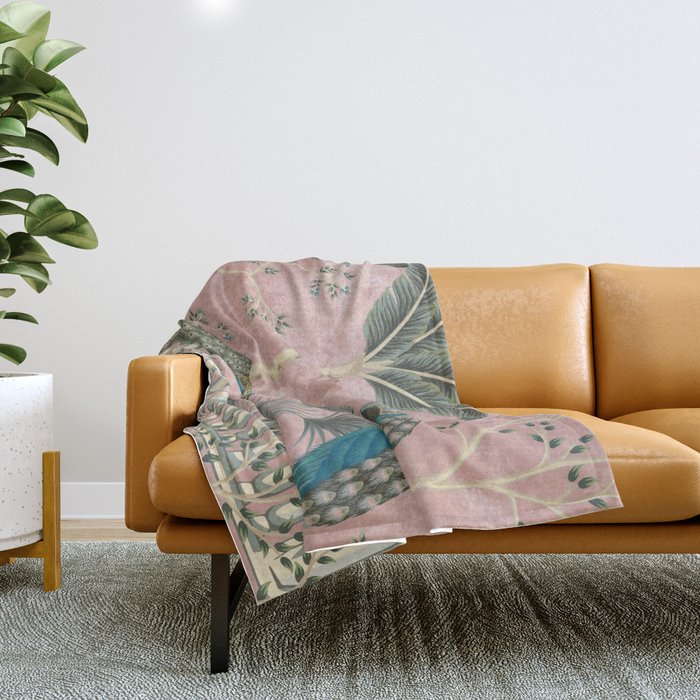 Chinoiserie Blush Pink Peacock Palm Fresco Garden  Throw Blanket Gallery Image 1