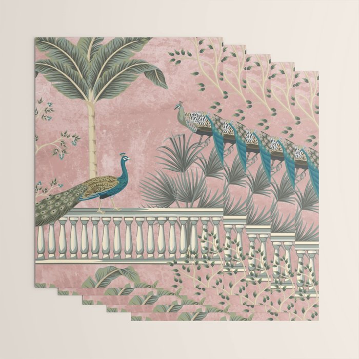 Chinoiserie Blush Pink Peacock Palm Fresco Garden  Wrapping Paper Gallery Image 3