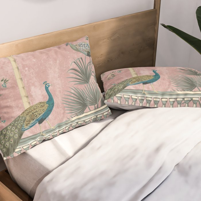 Chinoiserie Blush Pink Peacock Palm Fresco Garden  Pillow Sham Gallery Image 2