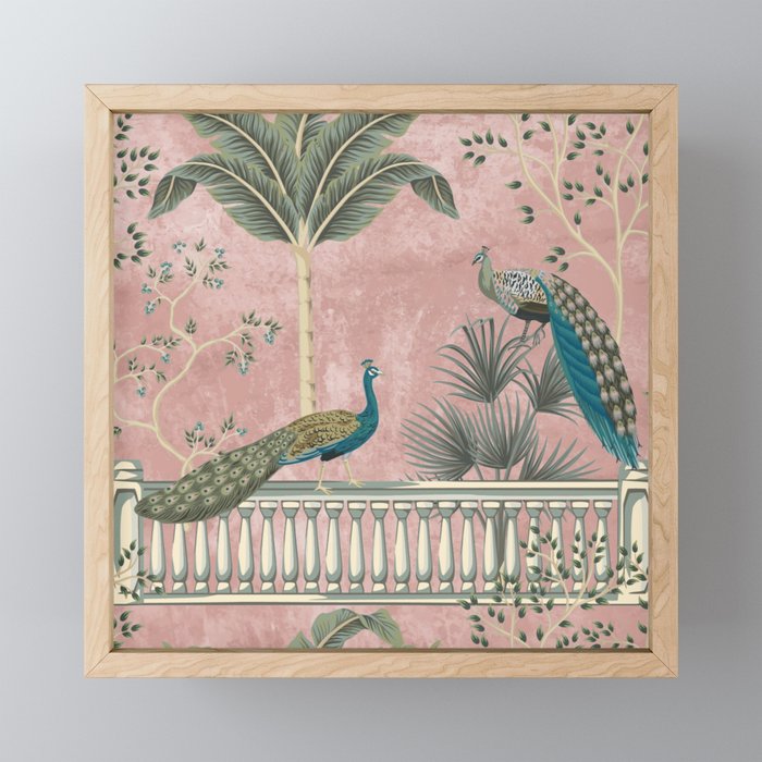 Chinoiserie Blush Pink Peacock Palm Fresco Garden  Mini Art Print Gallery Image 1
