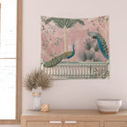Chinoiserie Blush Pink Peacock Palm Fresco Garden  Wall Tapestry Gallery Image 2