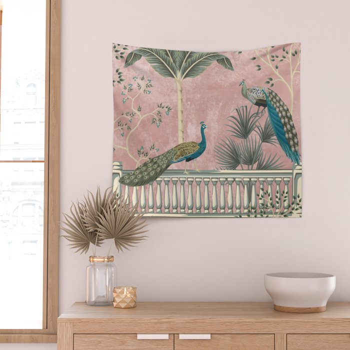 Chinoiserie Blush Pink Peacock Palm Fresco Garden  Wall Tapestry Gallery Image 2