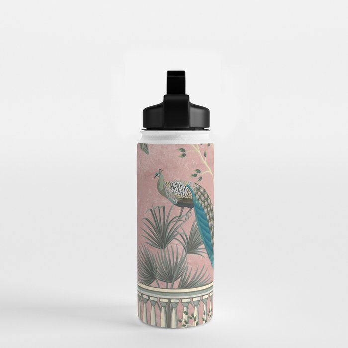 Chinoiserie Blush Pink Peacock Palm Fresco Garden  Water Bottle Gallery Image 2