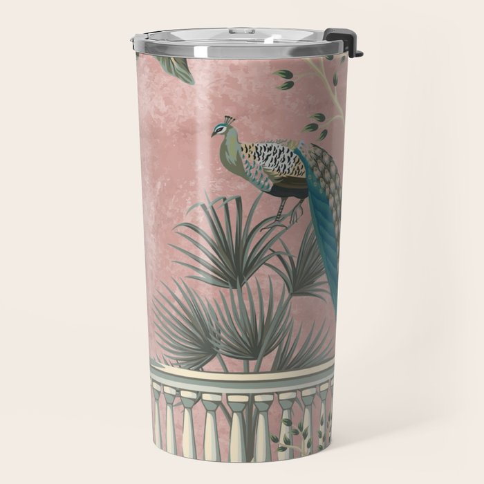 Chinoiserie Blush Pink Peacock Palm Fresco Garden  Travel Mug Gallery Image 2