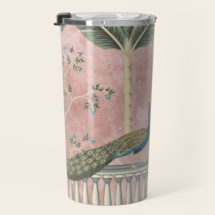 Chinoiserie Blush Pink Peacock Palm Fresco Garden  Travel Mug Gallery Image 3