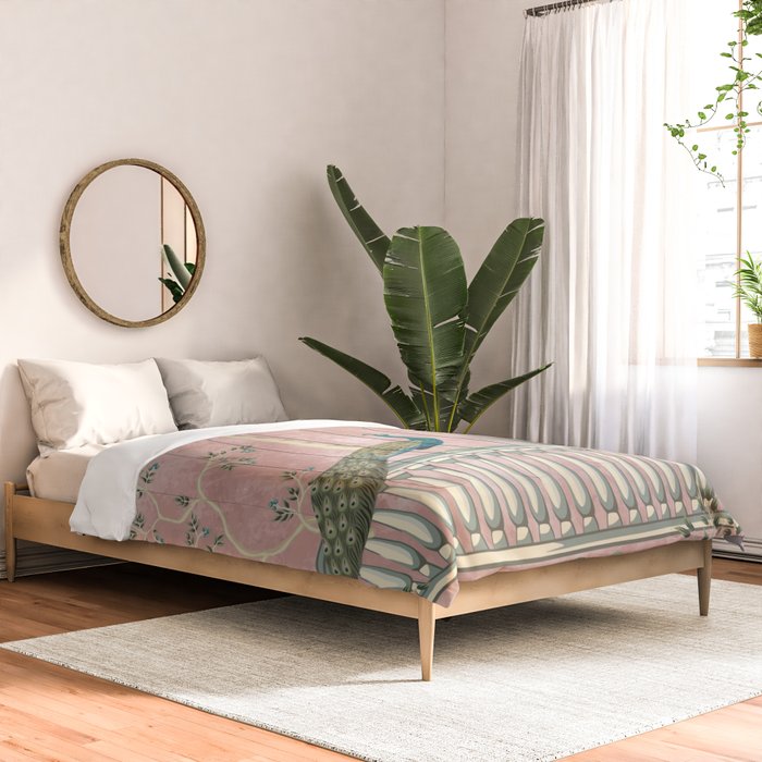 Chinoiserie Blush Pink Peacock Palm Fresco Garden  Comforter Gallery Image 2