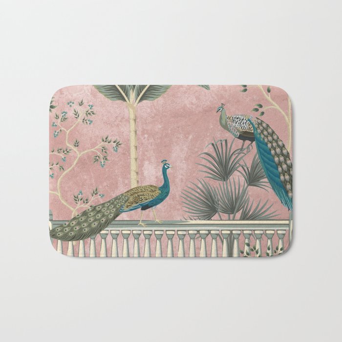 Chinoiserie Blush Pink Peacock Palm Fresco Garden  Bath Mat Gallery Image 1