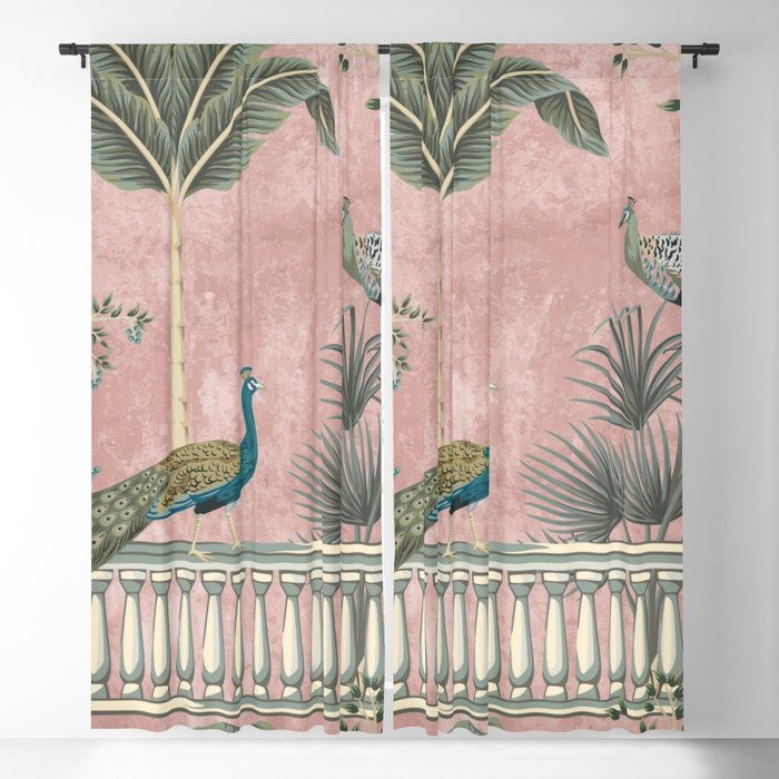 Chinoiserie Blush Pink Peacock Palm Fresco Garden  Window Curtain Gallery Image 5