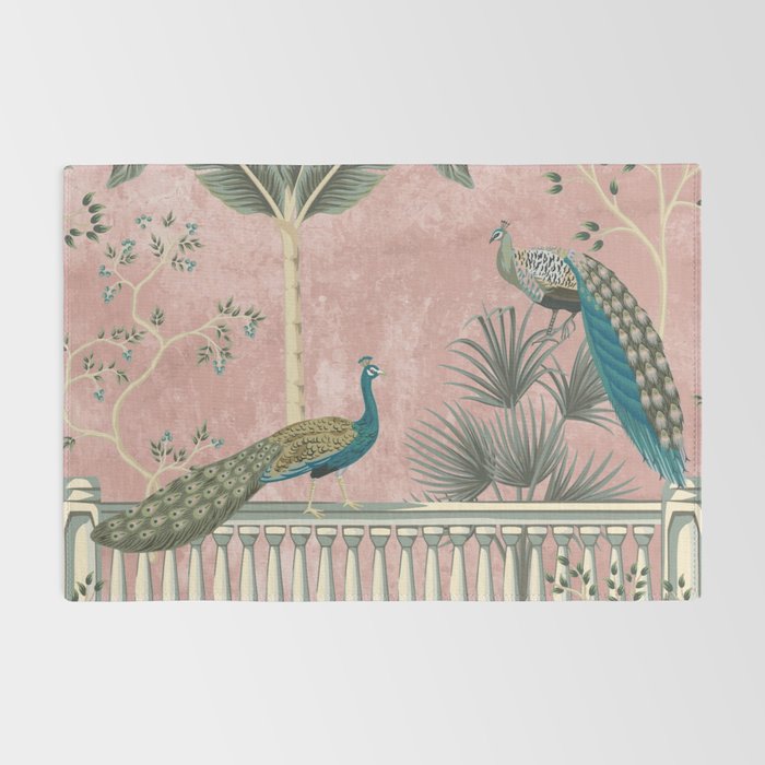 Chinoiserie Blush Pink Peacock Palm Fresco Garden  Rug Gallery Image 2