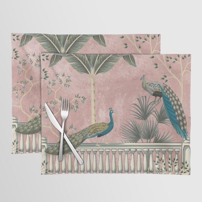 Chinoiserie Blush Pink Peacock Palm Fresco Garden  Placemat Gallery Image 1