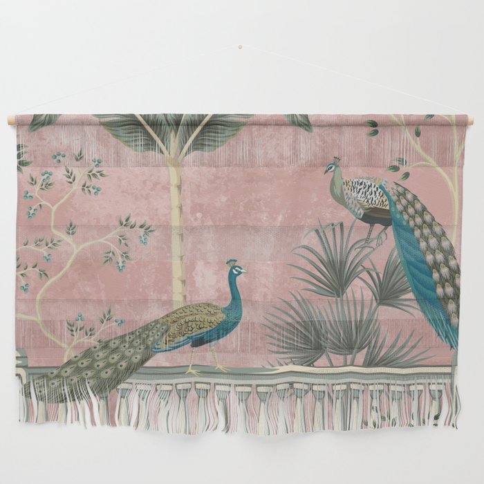 Chinoiserie Blush Pink Peacock Palm Fresco Garden  Wall Hanging Gallery Image 1