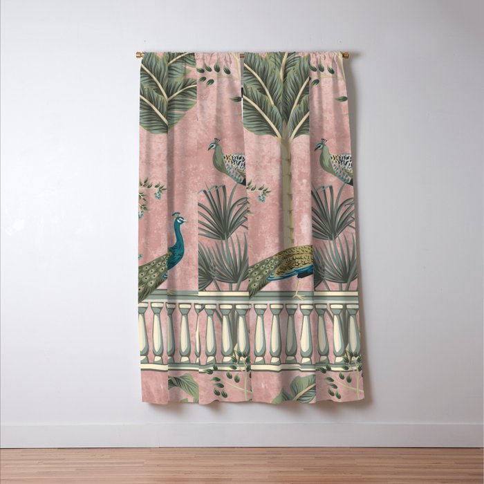 Chinoiserie Blush Pink Peacock Palm Fresco Garden  Window Curtain Gallery Image 3