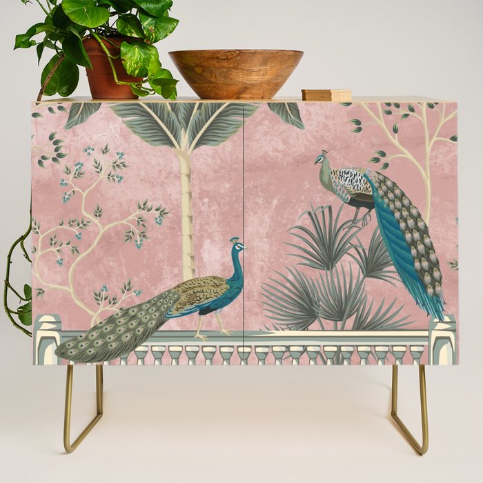 Chinoiserie Blush Pink Peacock Palm Fresco Garden  Credenza Gallery Image 1
