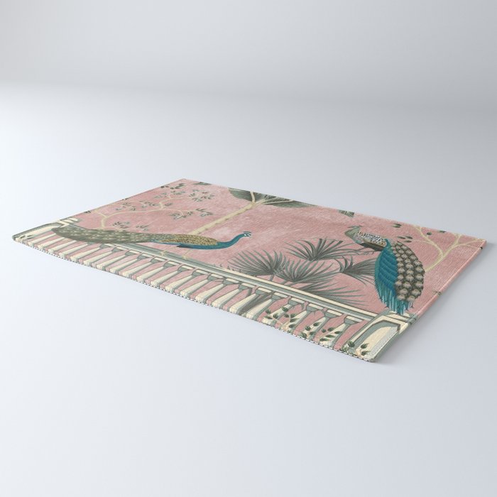 Chinoiserie Blush Pink Peacock Palm Fresco Garden  Rug Gallery Image 3