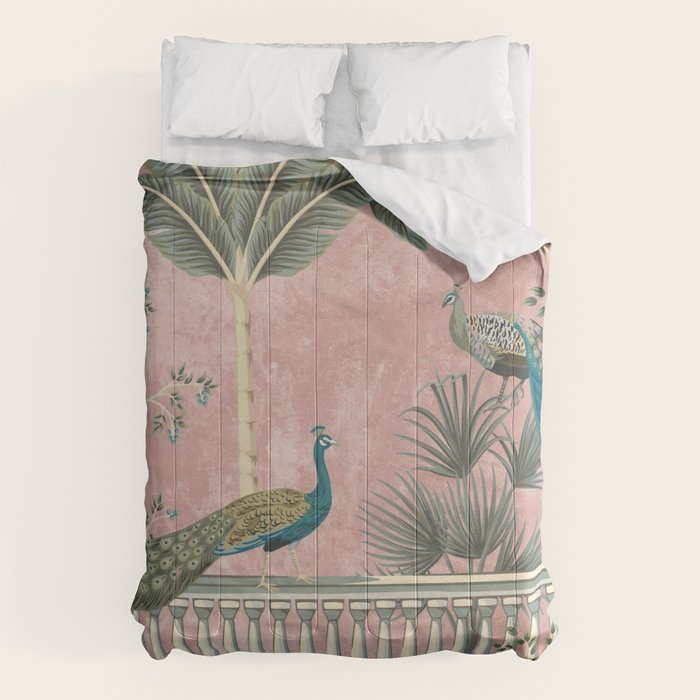 Chinoiserie Blush Pink Peacock Palm Fresco Garden  Comforter Gallery Image 6