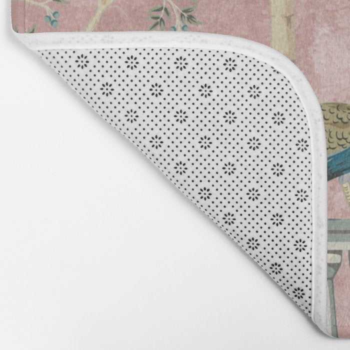 Chinoiserie Blush Pink Peacock Palm Fresco Garden  Bath Mat Gallery Image 2