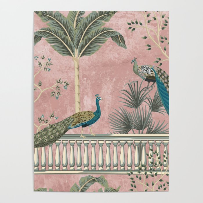 Chinoiserie Blush Pink Peacock Palm Fresco Garden  Poster Gallery Image 1