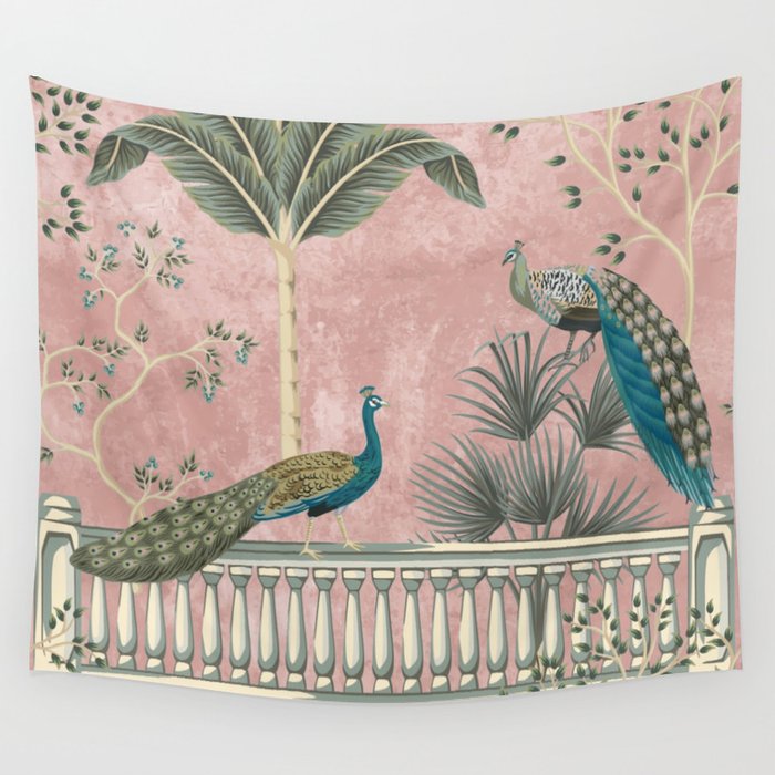 Chinoiserie Blush Pink Peacock Palm Fresco Garden  Wall Tapestry Gallery Image 1