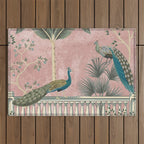 Chinoiserie Blush Pink Peacock Palm Fresco Garden  Outdoor Rug Gallery Image 1