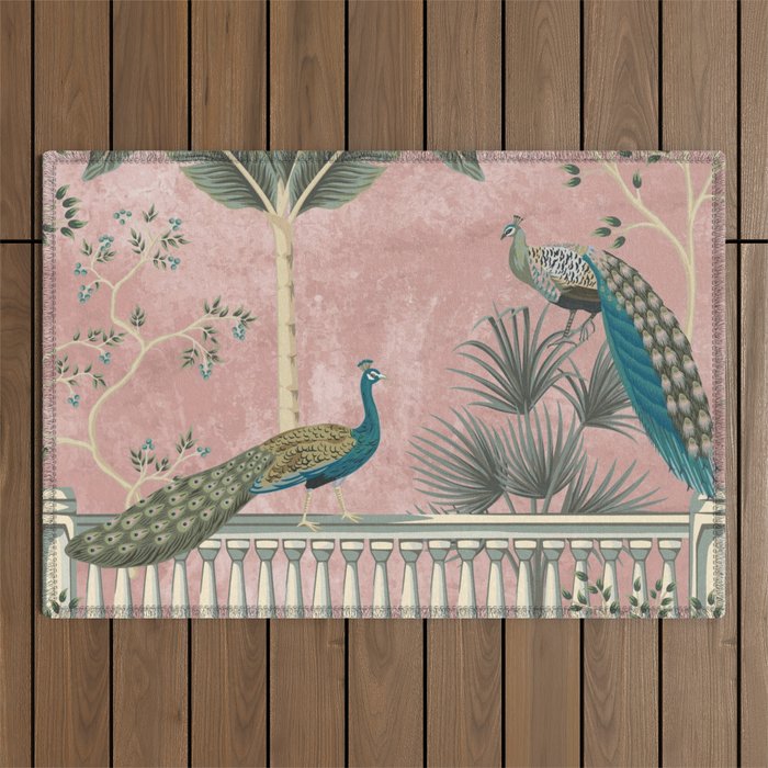 Chinoiserie Blush Pink Peacock Palm Fresco Garden  Outdoor Rug Gallery Image 1