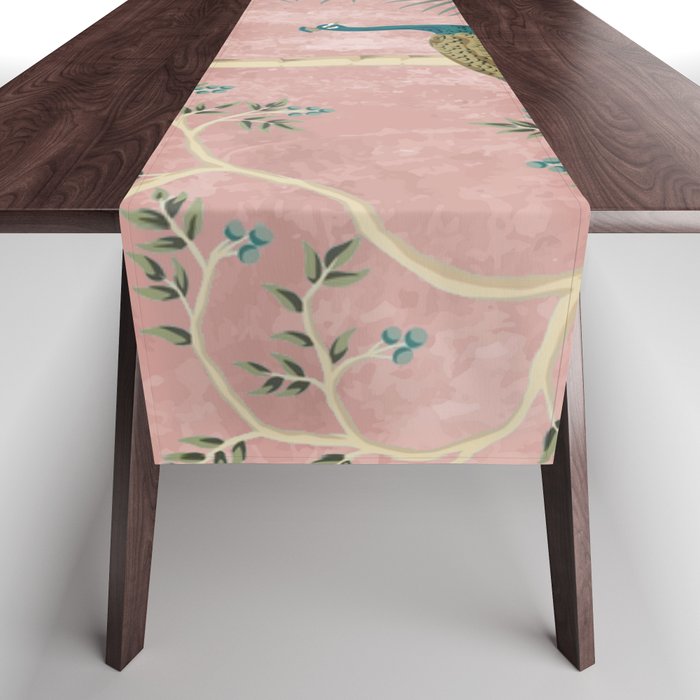 Chinoiserie Blush Pink Peacock Palm Fresco Garden  Table Runner Gallery Image 1