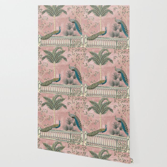 Chinoiserie Blush Pink Peacock Palm Fresco Garden  Wallpaper Gallery Image 2