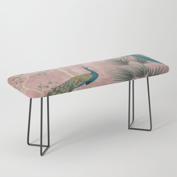 Chinoiserie Blush Pink Peacock Palm Fresco Garden  Bench Gallery Image 1