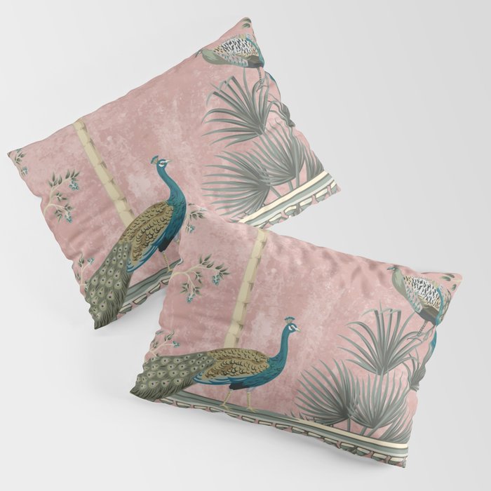 Chinoiserie Blush Pink Peacock Palm Fresco Garden  Pillow Sham Gallery Image 1