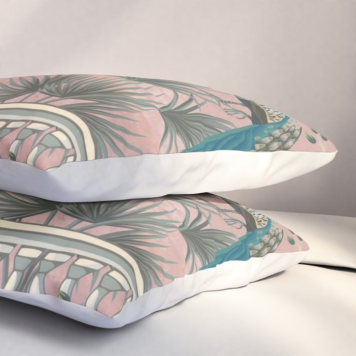 Chinoiserie Blush Pink Peacock Palm Fresco Garden  Pillow Sham Gallery Image 3