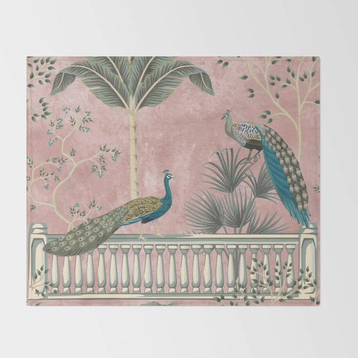 Chinoiserie Blush Pink Peacock Palm Fresco Garden  Throw Blanket Gallery Image 2