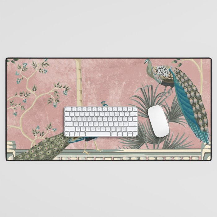 Chinoiserie Blush Pink Peacock Palm Fresco Garden  Desk Mat Gallery Image 1