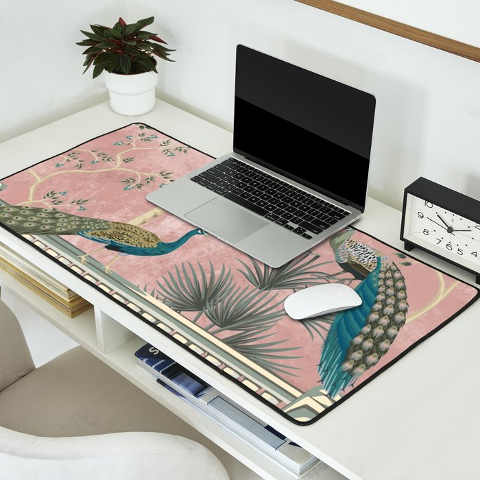 Chinoiserie Blush Pink Peacock Palm Fresco Garden  Desk Mat Gallery Image 2