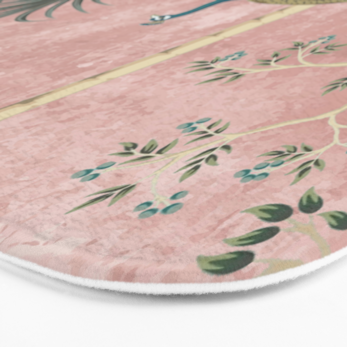 Chinoiserie Blush Pink Peacock Palm Fresco Garden  Bath Mat Gallery Image 3