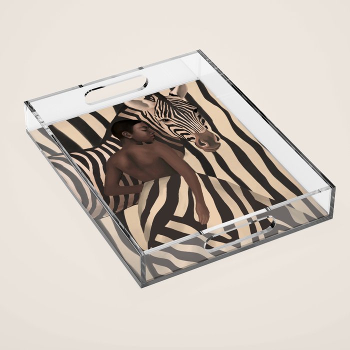 Woman and Zebra in Bold Stripes Acrylic Tray Gallery Image 1