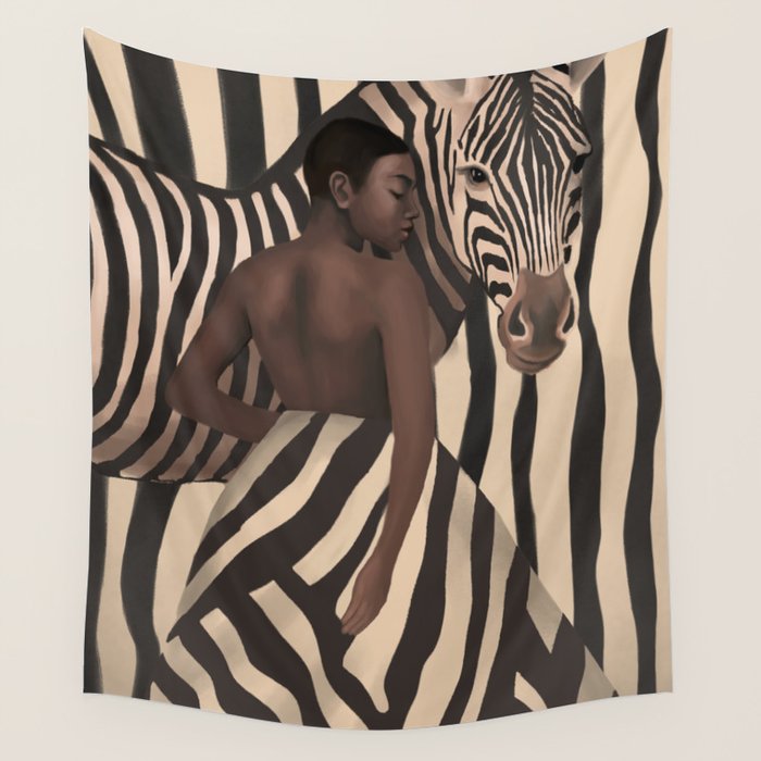 Woman and Zebra in Bold Stripes Wall Tapestry Gallery Image 1