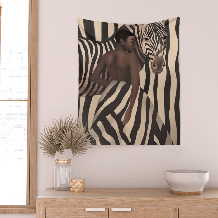 Woman and Zebra in Bold Stripes Wall Tapestry Gallery Image 2