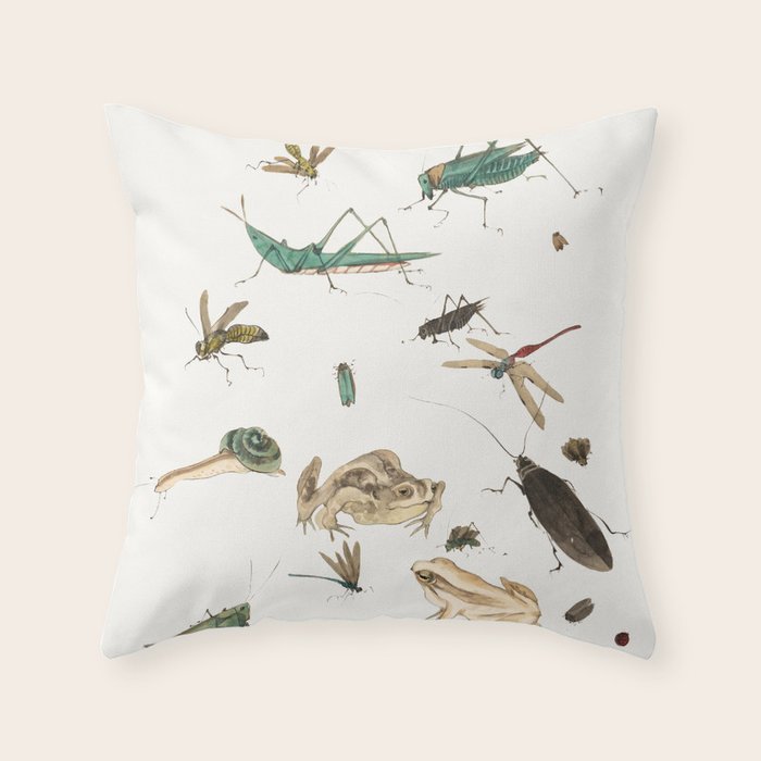 Insects frogs and a snail Throw Pillow Gallery Image 1