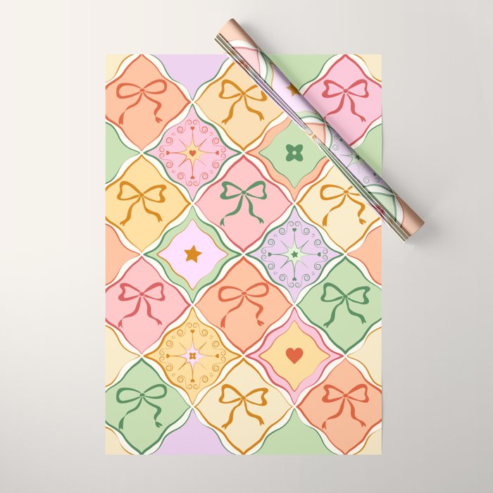 Colorful Coquette Patchwork Quilt with Bows  Wrapping Paper Gallery Image 1