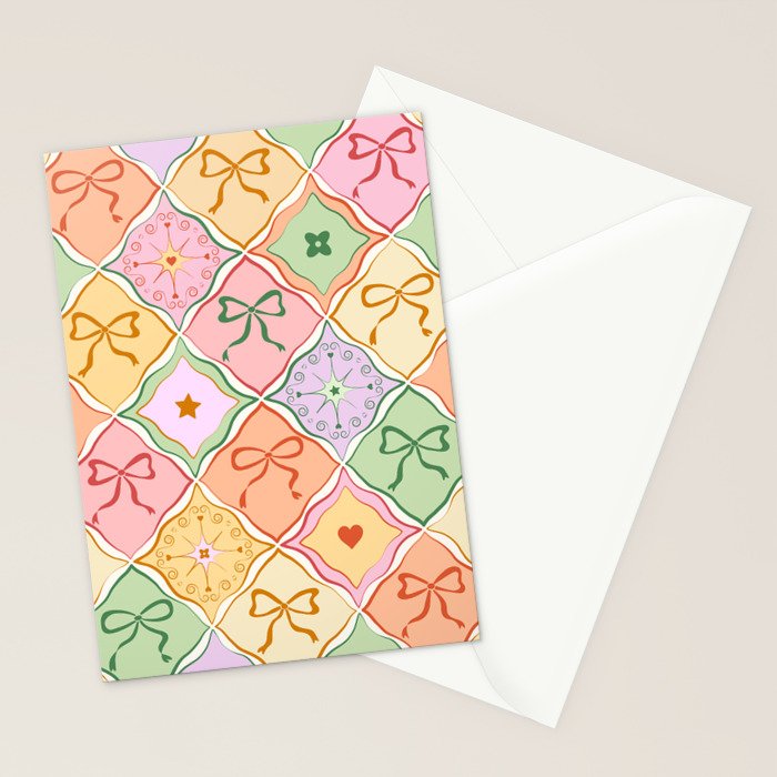 Colorful Coquette Patchwork Quilt with Bows  Stationery Card Gallery Image 2