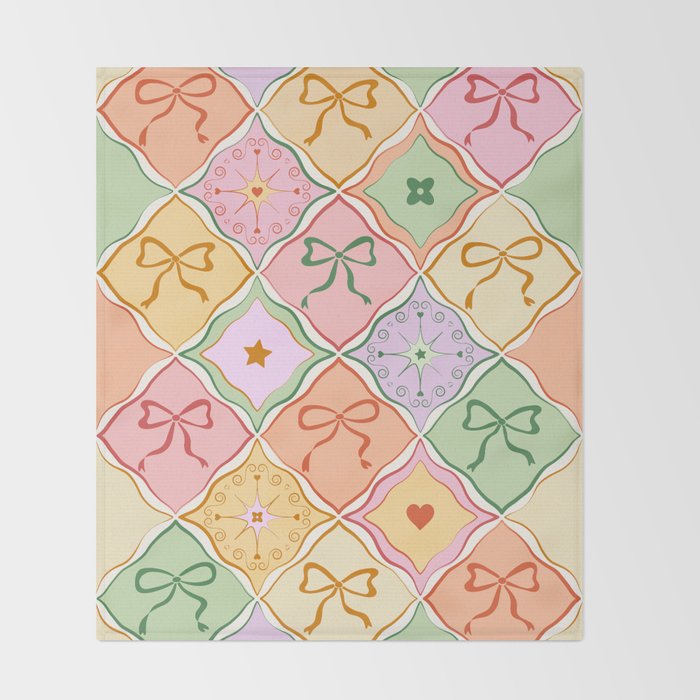Colorful Coquette Patchwork Quilt with Bows  Throw Blanket Gallery Image 2