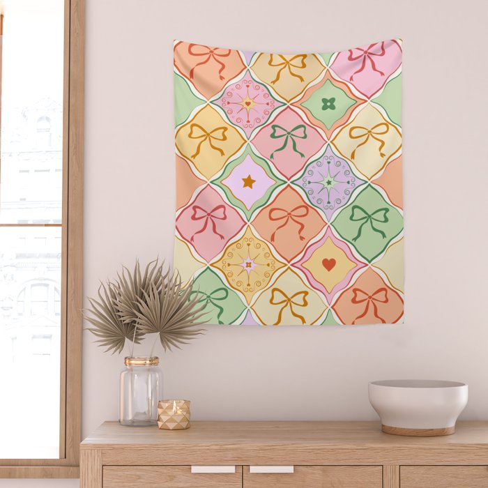 Colorful Coquette Patchwork Quilt with Bows  Wall Tapestry Gallery Image 2